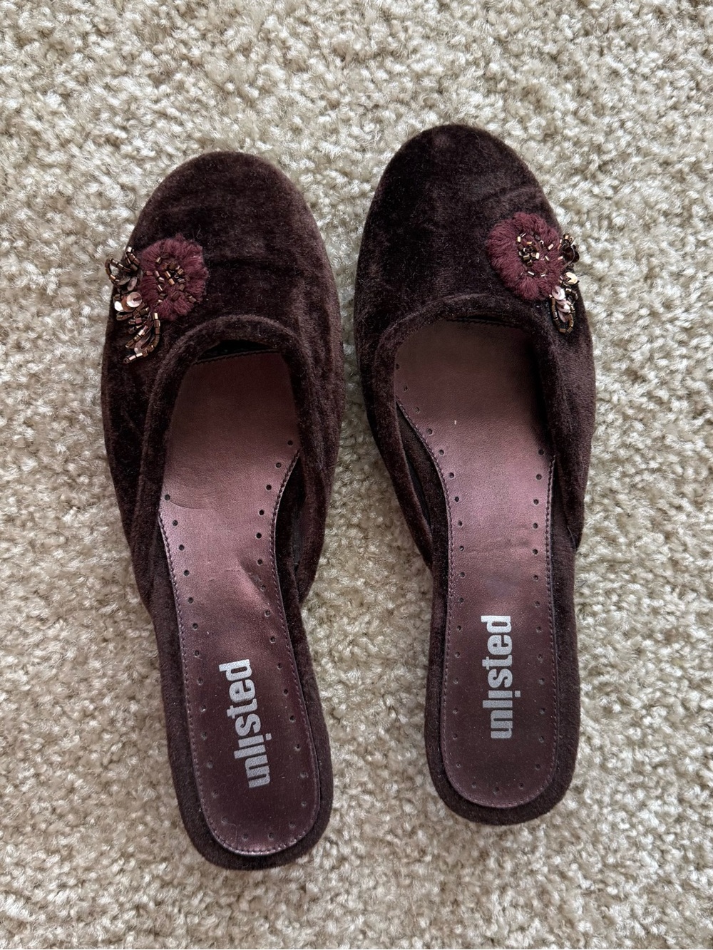 Unlisted Dark Brown Velvet Slip-On Mules 7.5 Bead Flower Dark Academia Twee